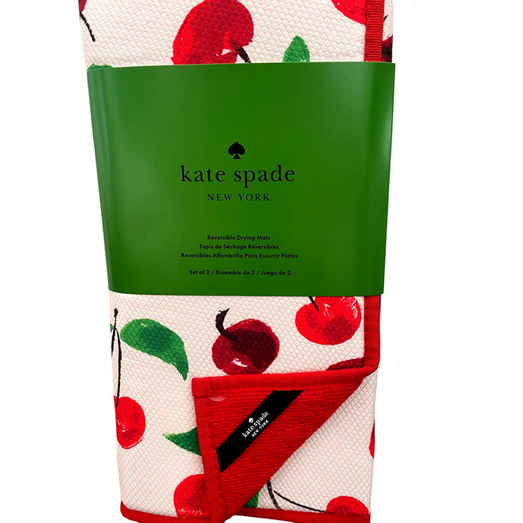 Kate Spade CHERRY Kitchen Dish Drying Mats 2pk Reversible Pink & Red 16x22 New - Picture 2 of 8